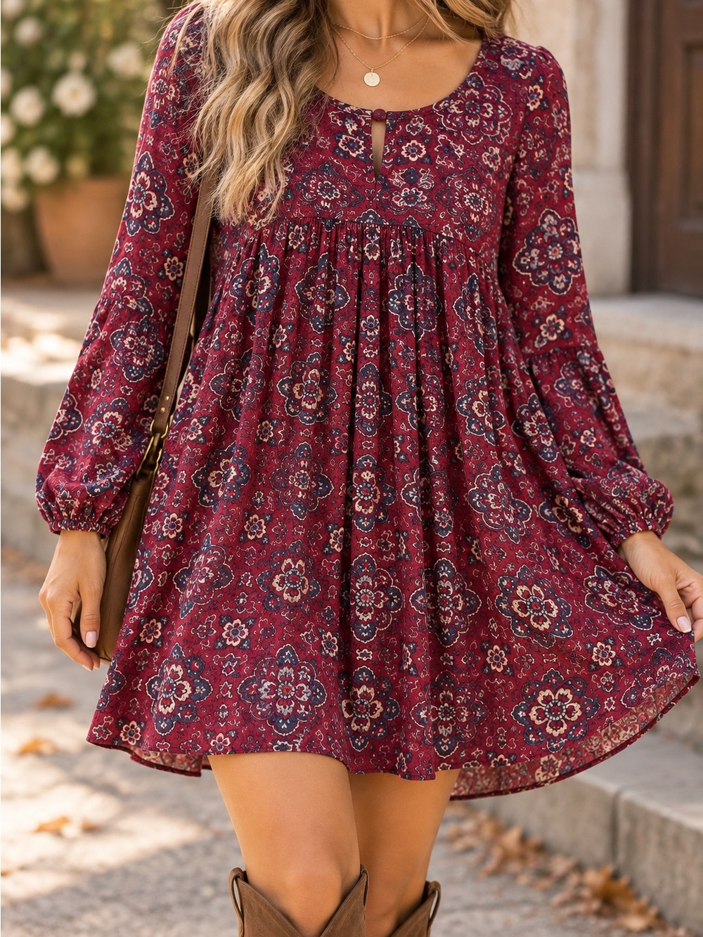 American Eagle Boho Paisley Babydoll Dress Burgundy Long Sleeve L